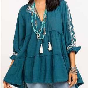 Free People Teal Bell Sleeve Tunic Top